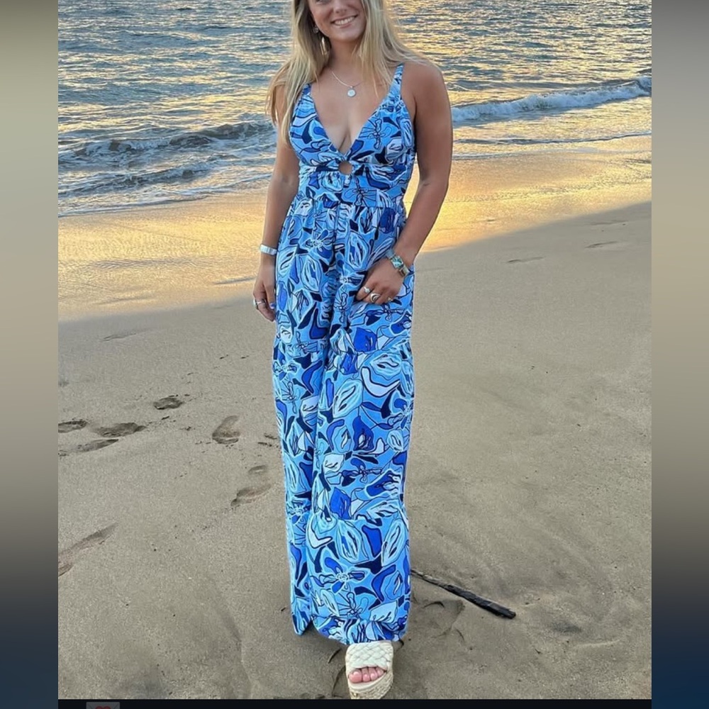 Sincerely Jules‎ Jumpsuit Women's Medium Blue White Floral Wide Leg Abstract